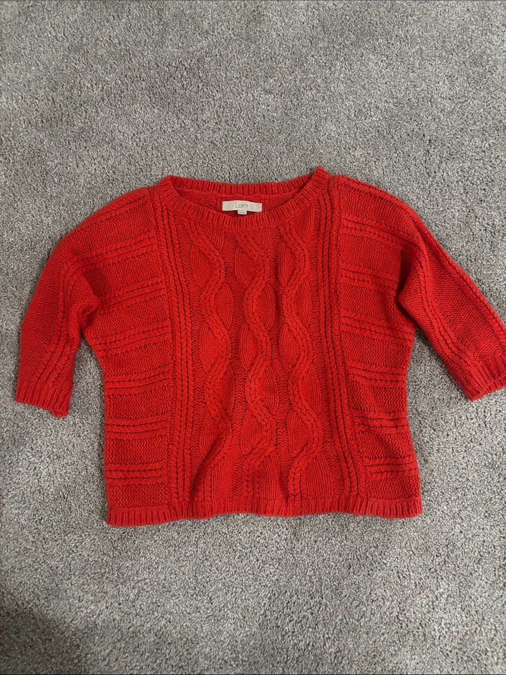 LOFT Red Cable-Front Scoopneck Short Sleeve Sweater